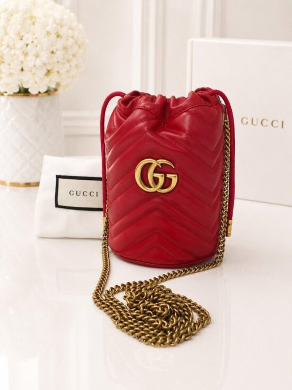 Authentic Gucci GG Marmont Bucket Bag Red Quilted Leather Gold Chain